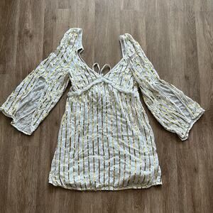 Sundress White & Gold Sequin Striped Mini Dress SZ M/L Plunge Lined